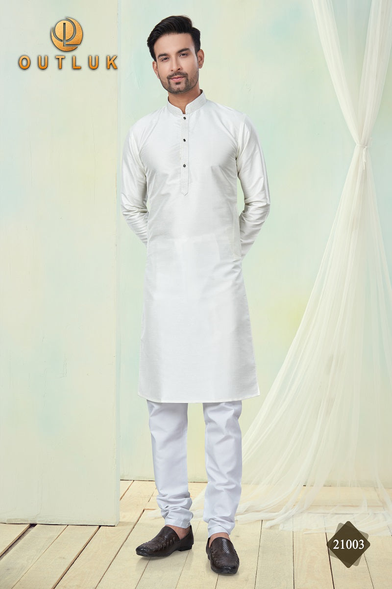 White Pure Silk Mens Kurta Pajama 21003