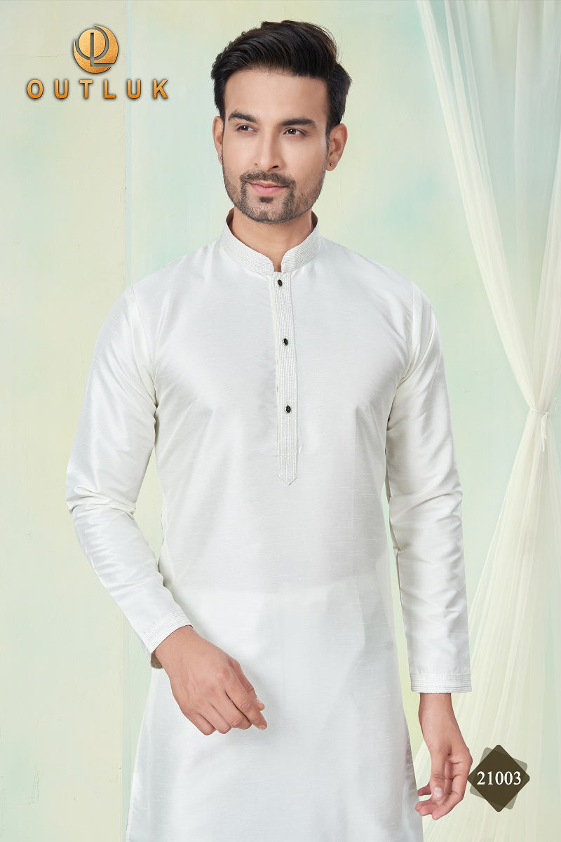 White Pure Silk Mens Kurta Pajama 21003