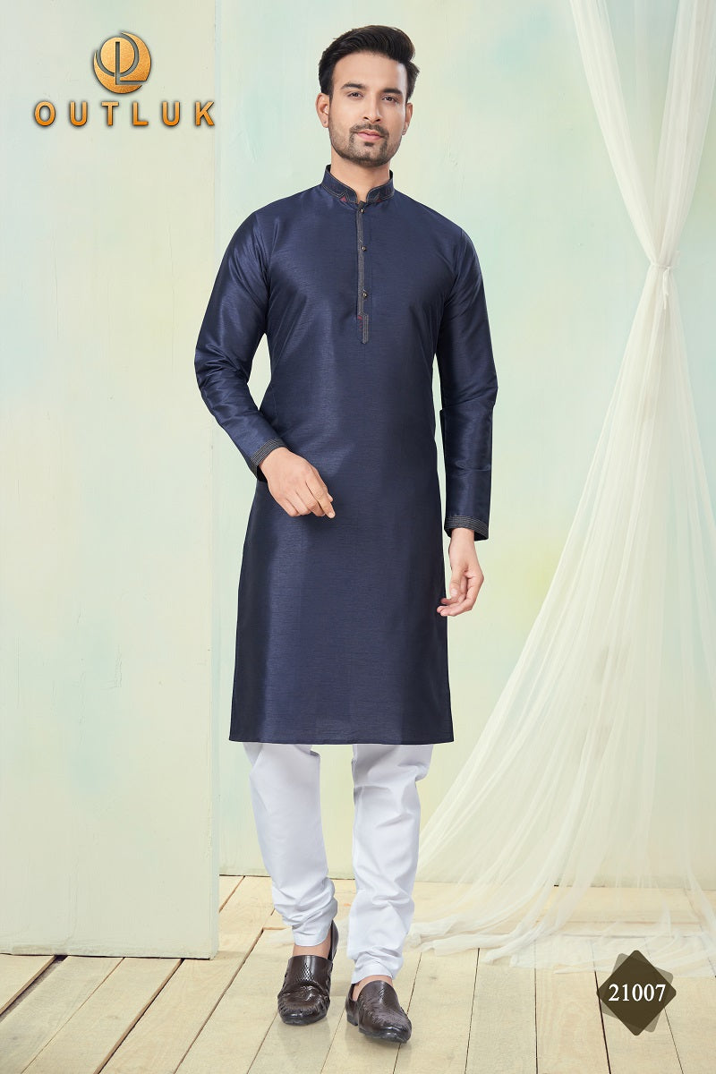 Navy Blue Pure Silk Mens Kurta Pajama 21007