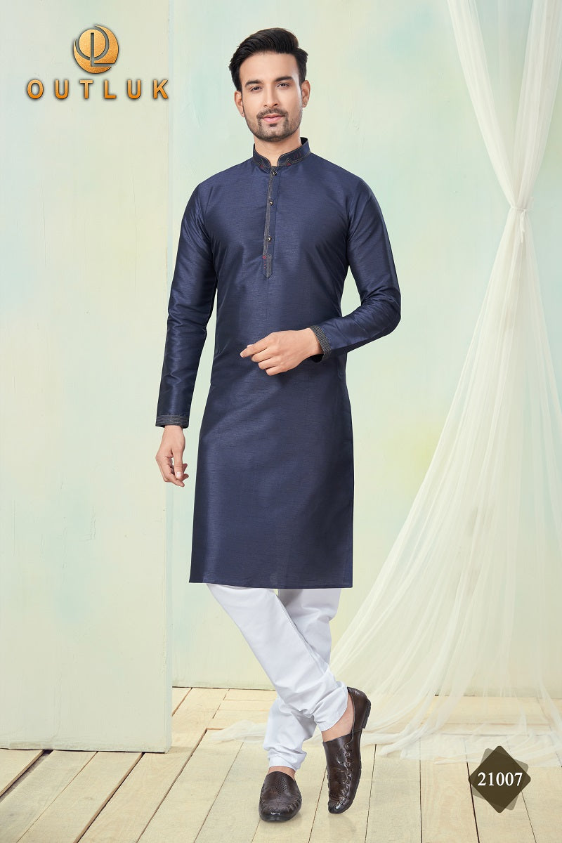 Navy Blue Pure Silk Mens Kurta Pajama 21007