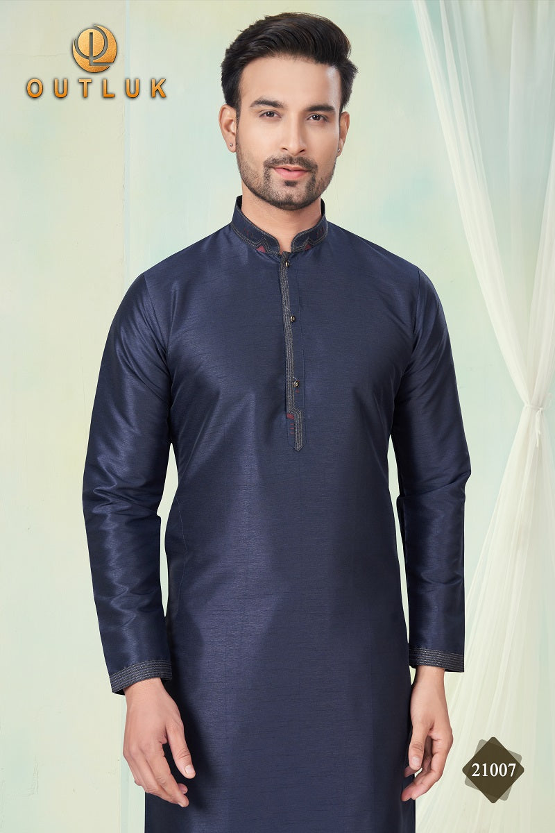 Navy Blue Pure Silk Mens Kurta Pajama 21007