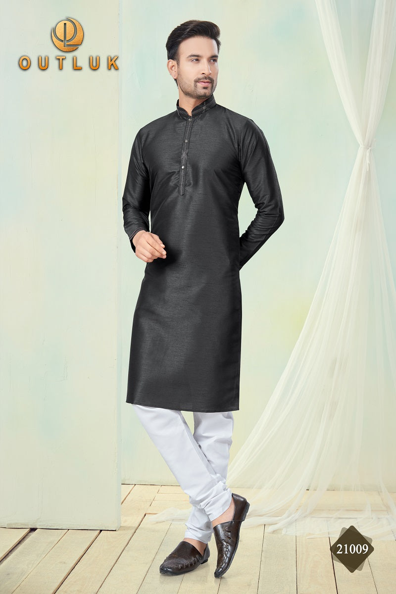 Black Pure Silk Mens Kurta Pajama 21009