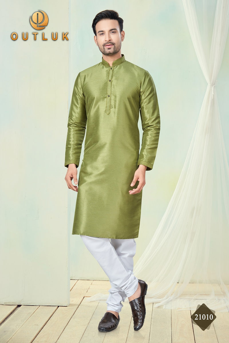 Mehendi Pure Silk Mens Kurta Pajama 21010