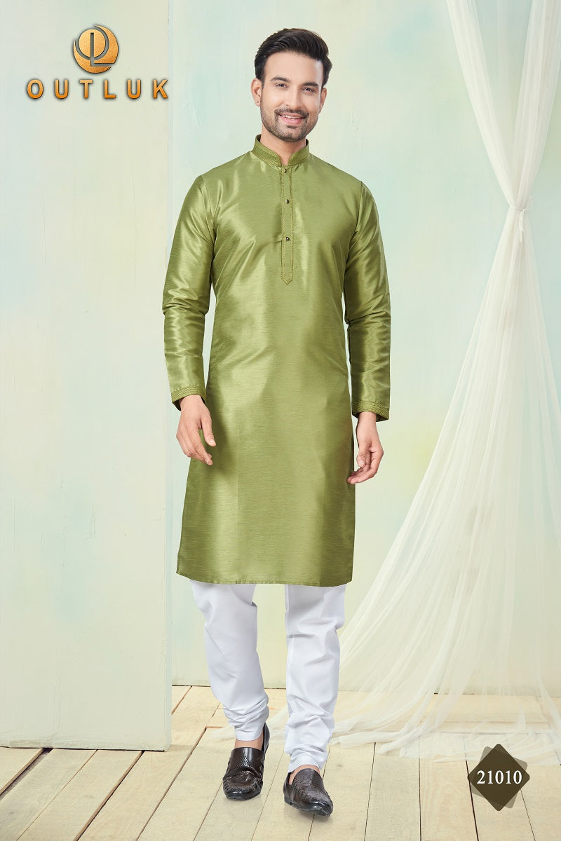 Mehendi Pure Silk Mens Kurta Pajama 21010