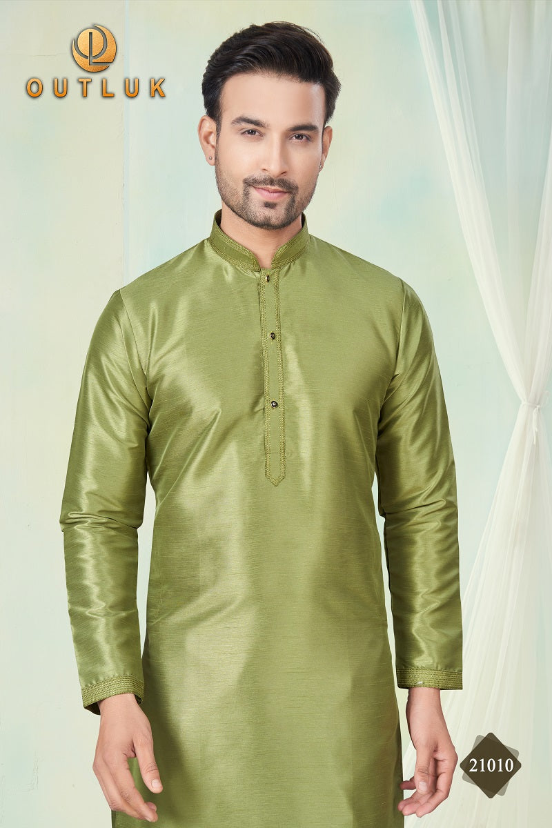 Mehendi Pure Silk Mens Kurta Pajama 21010