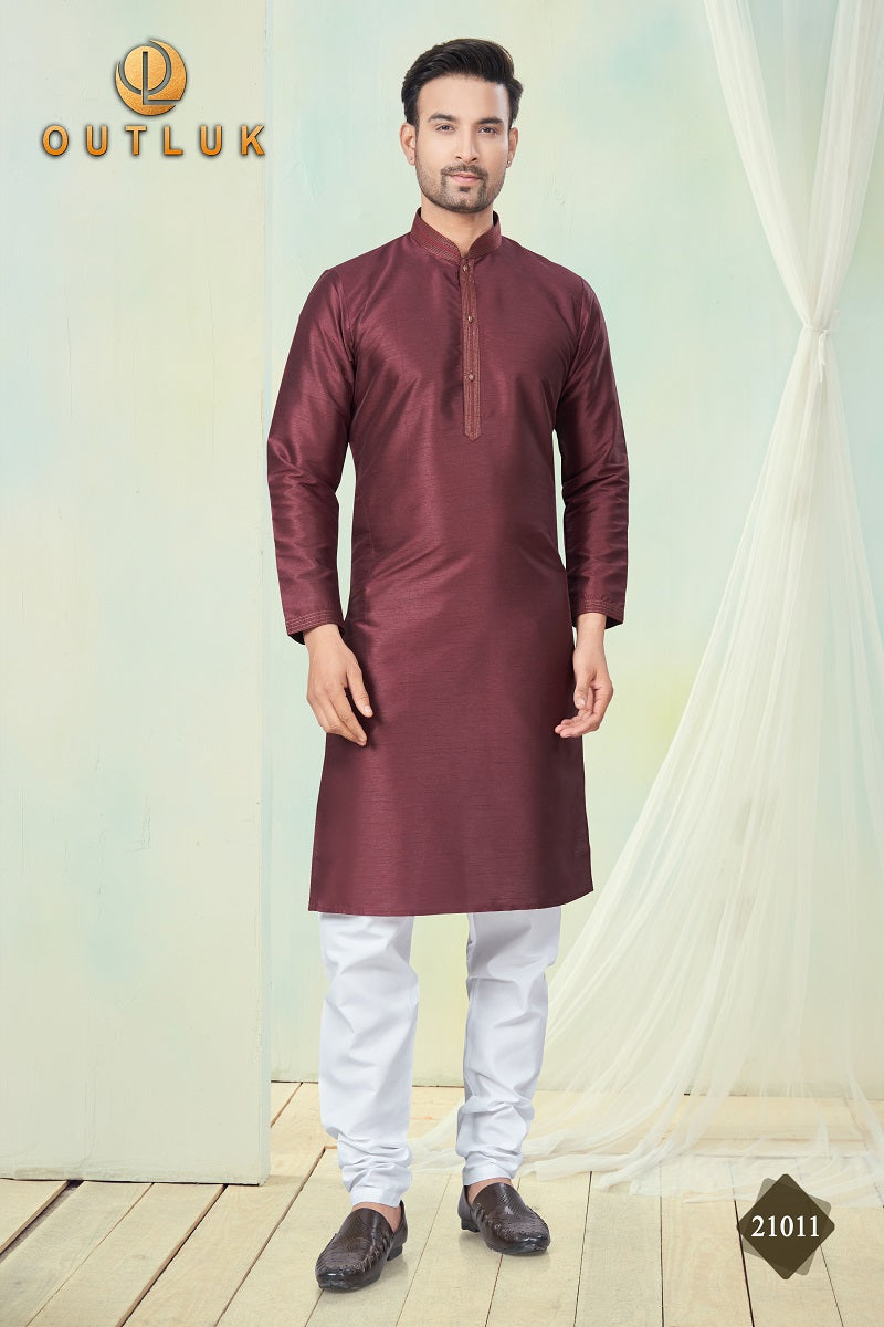 Maroon Pure Silk Mens Kurta Pajama 21011