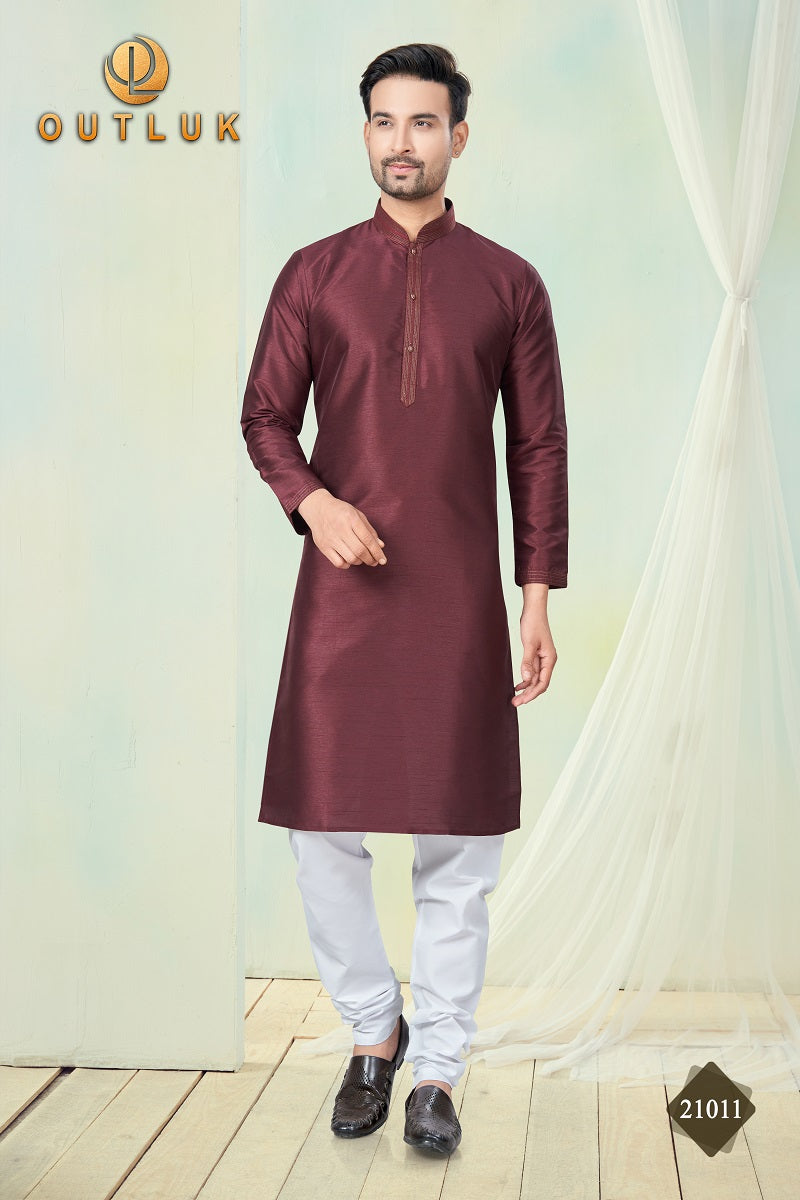 Maroon Pure Silk Mens Kurta Pajama 21011