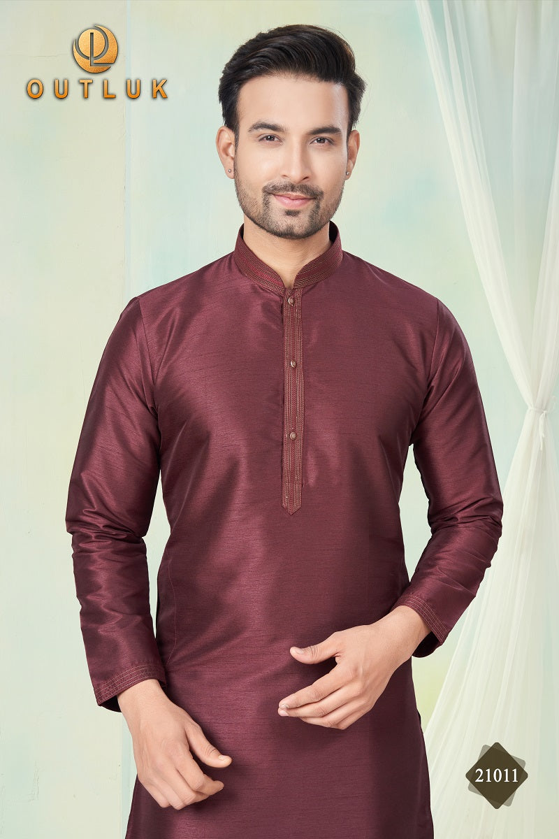 Maroon Pure Silk Mens Kurta Pajama 21011