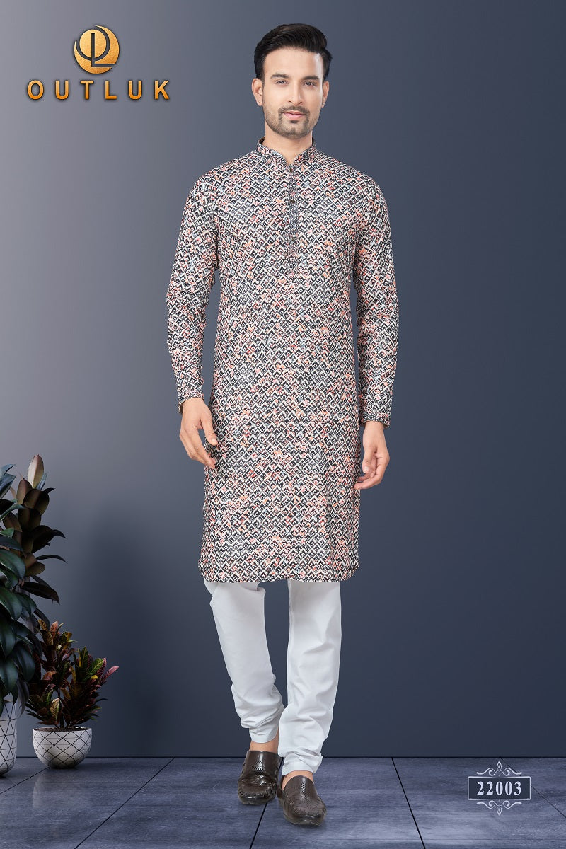 Navy Multi Silk Mens Kurta Pajama 22003