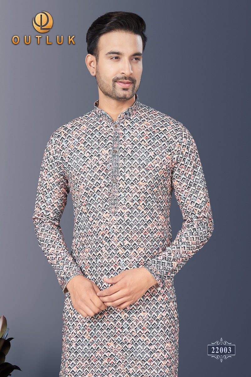 Navy Multi Silk Mens Kurta Pajama 22003