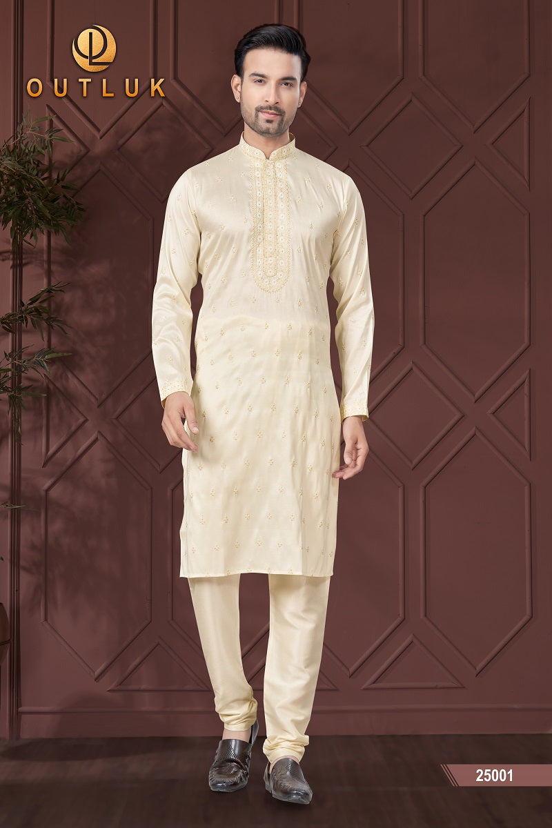 Cream Pure Silk Mens Kurta Pajama 25001