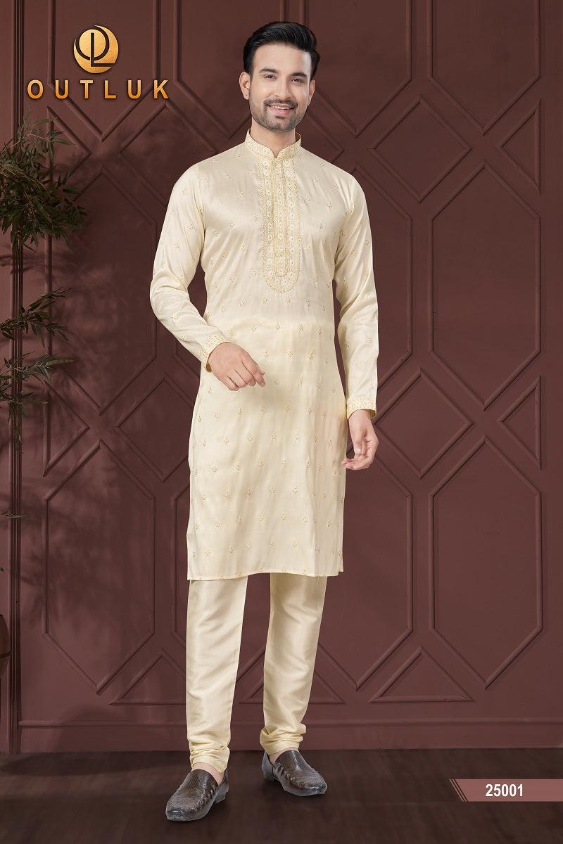 Cream Pure Silk Mens Kurta Pajama 25001