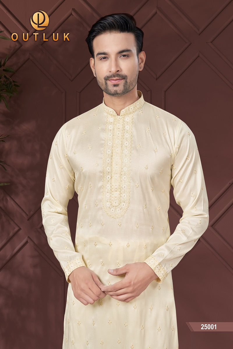 Cream Pure Silk Mens Kurta Pajama 25001