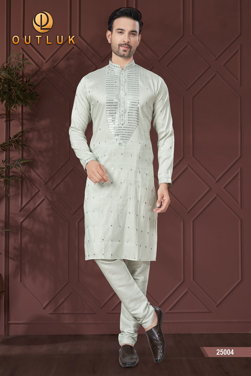 Light Grey Pure Silk Mens Kurta Pajama 25004