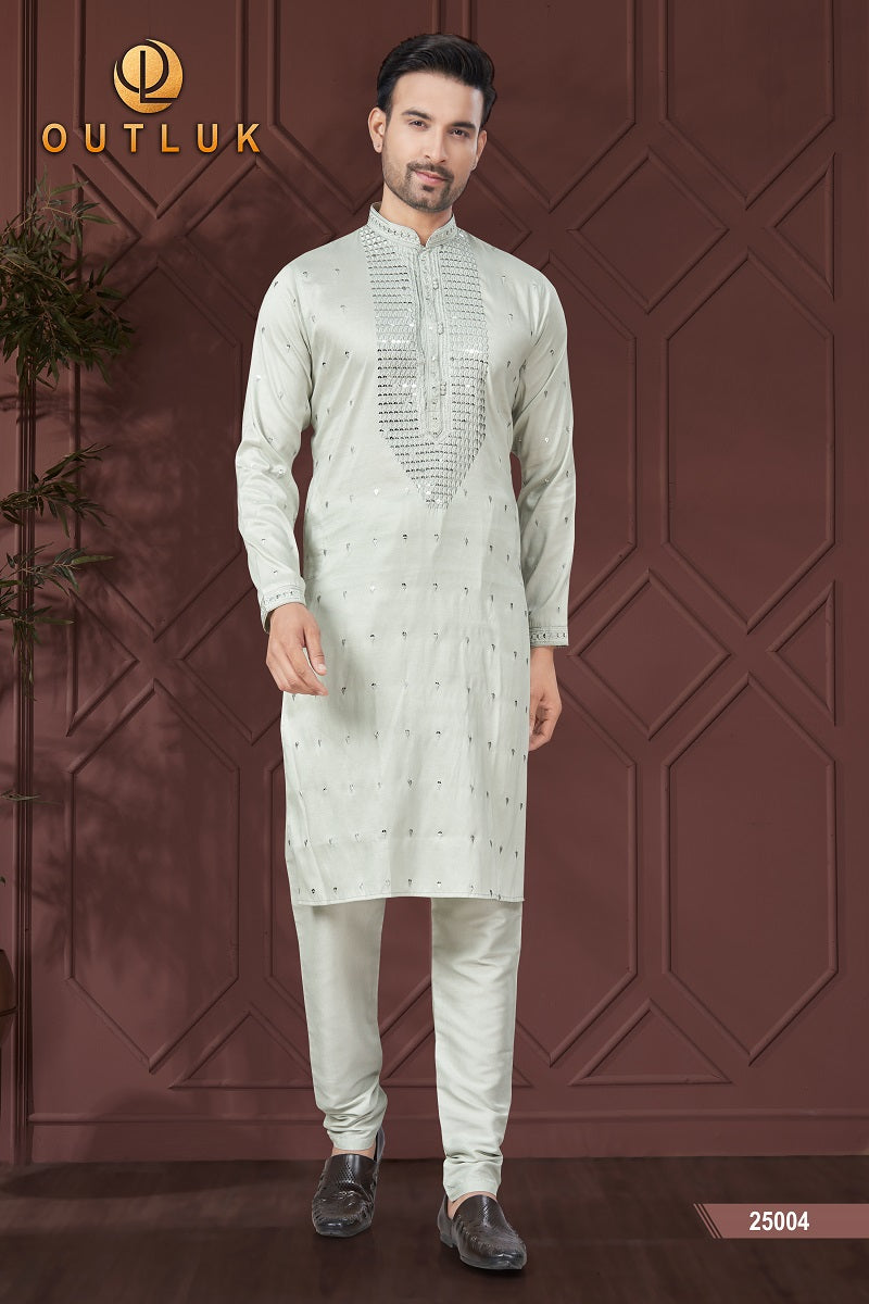 Light Grey Pure Silk Mens Kurta Pajama 25004