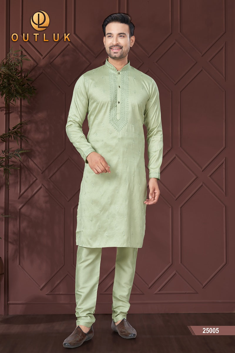 Light Green Pure Silk Mens Kurta Pajama 25005