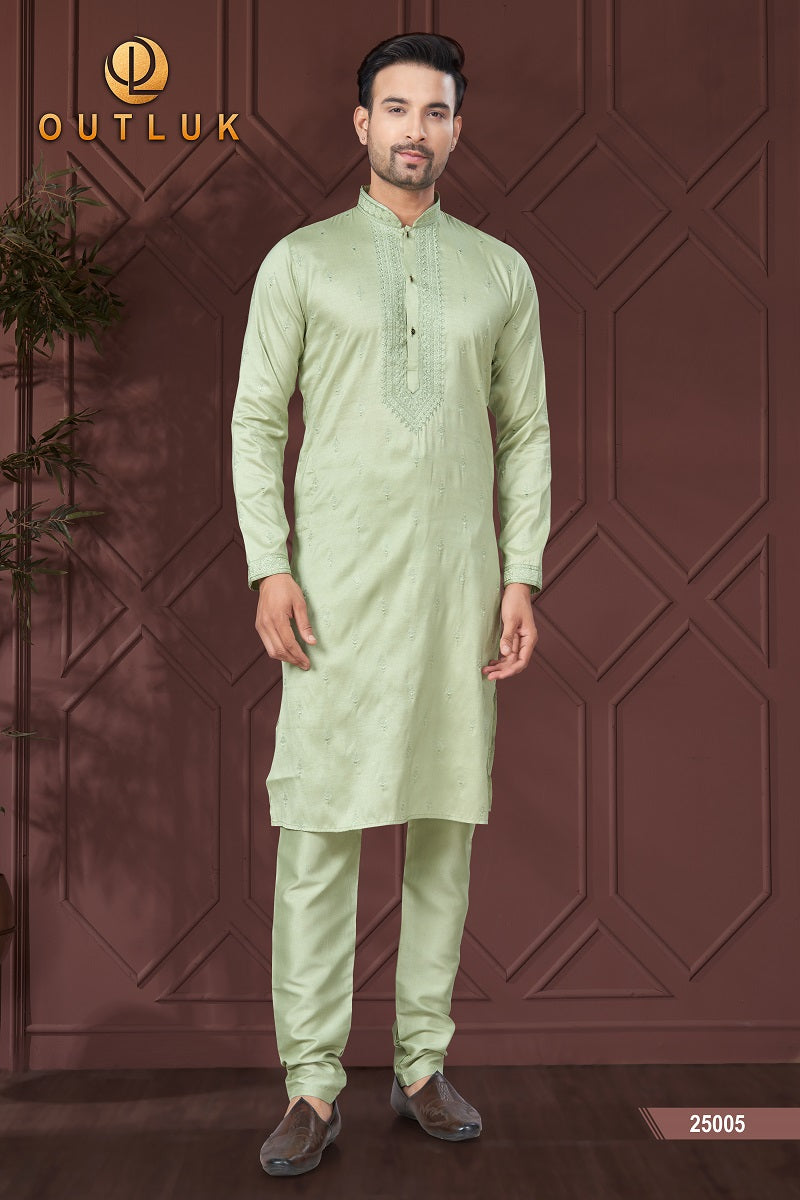 Light Green Pure Silk Mens Kurta Pajama 25005