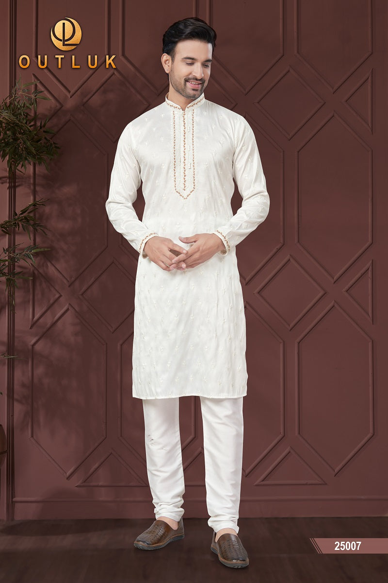 White Pure Silk Mens Kurta Pajama 25007