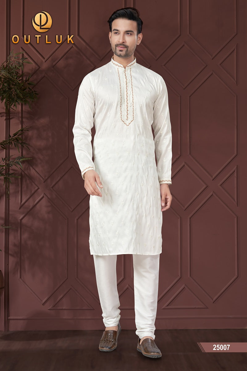 White Pure Silk Mens Kurta Pajama 25007