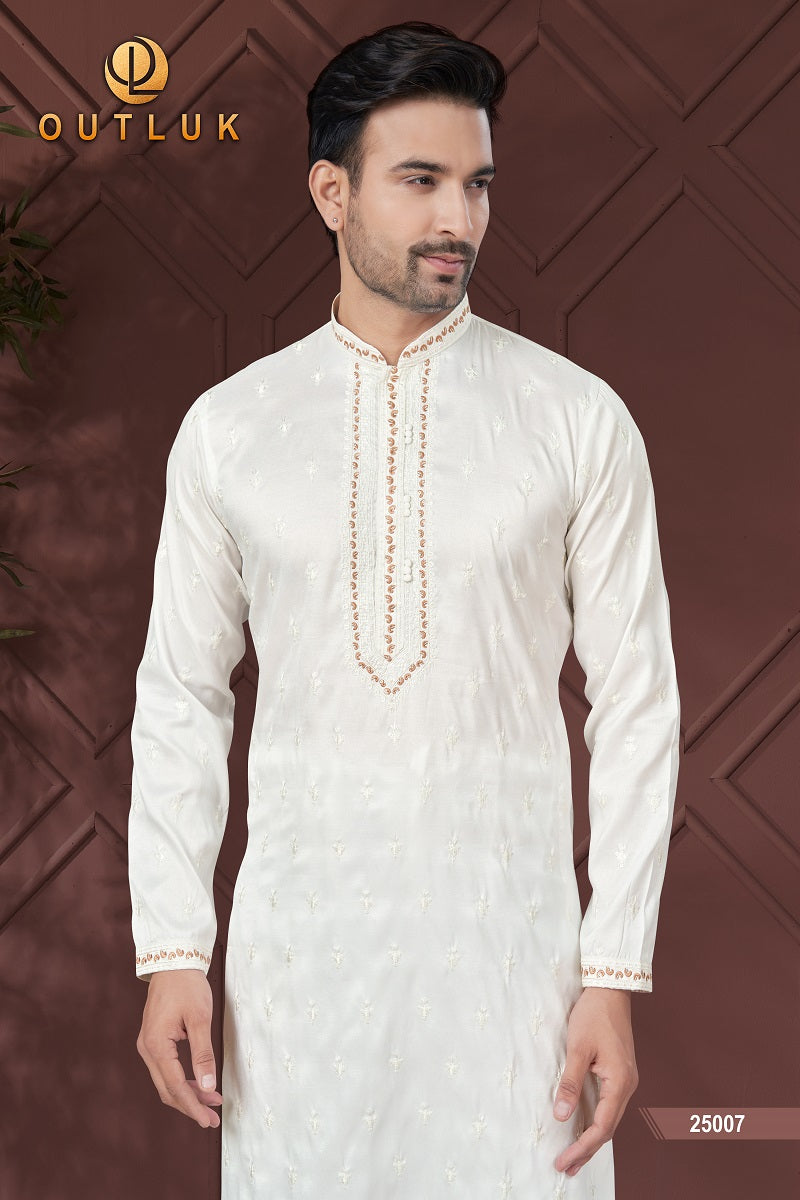 White Pure Silk Mens Kurta Pajama 25007