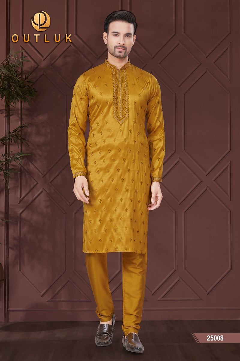 Golden Pure Silk Mens Kurta Pajama 25008