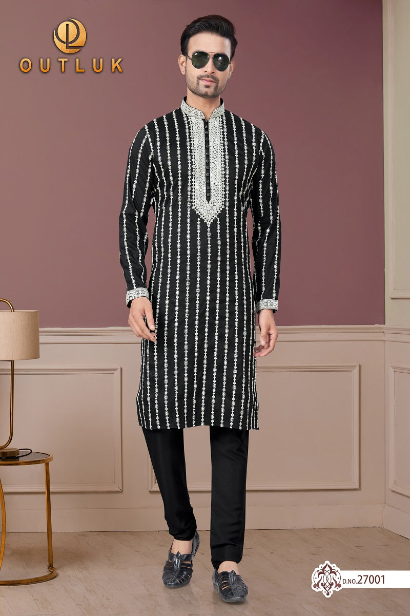 Black Pure Silk Mens Kurta Pajama 27001