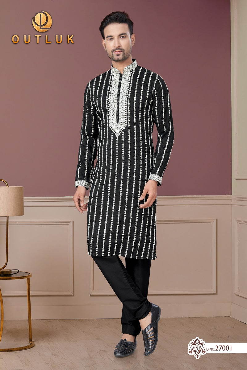 Black Pure Silk Mens Kurta Pajama 27001