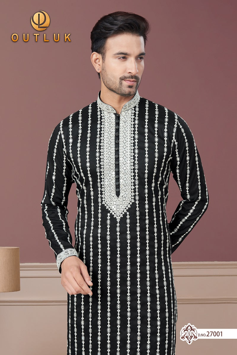 Black Pure Silk Mens Kurta Pajama 27001