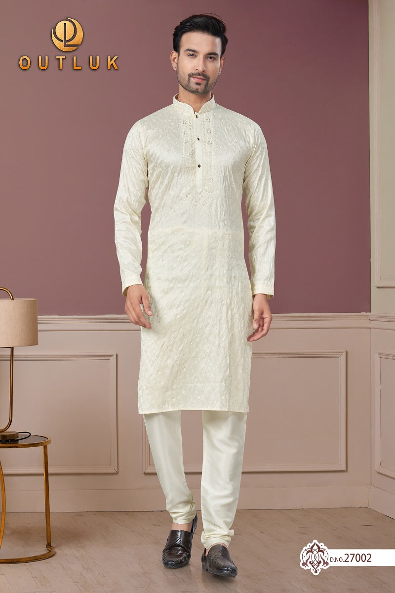 White Pure Silk Mens Kurta Pajama 27002