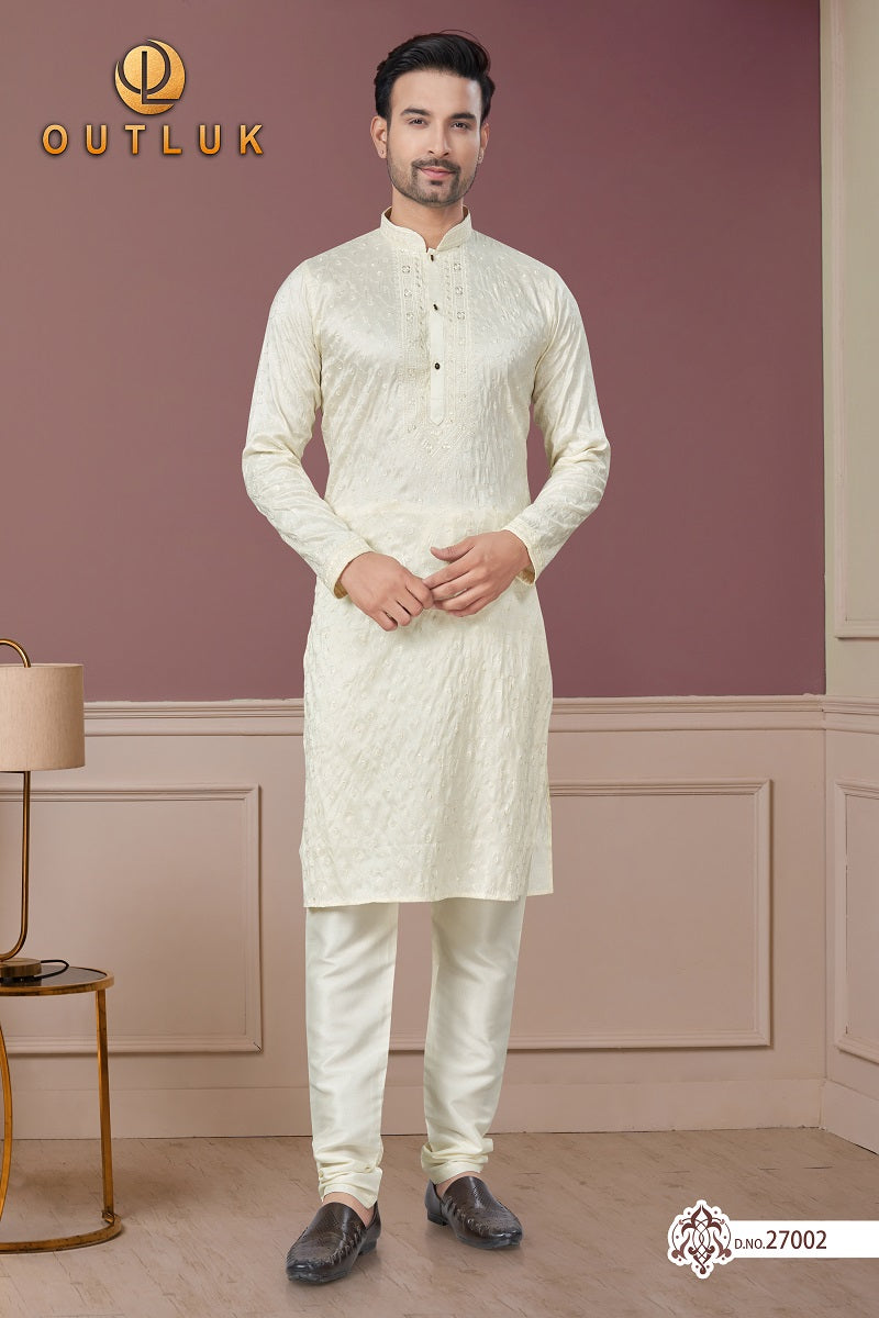 White Pure Silk Mens Kurta Pajama 27002