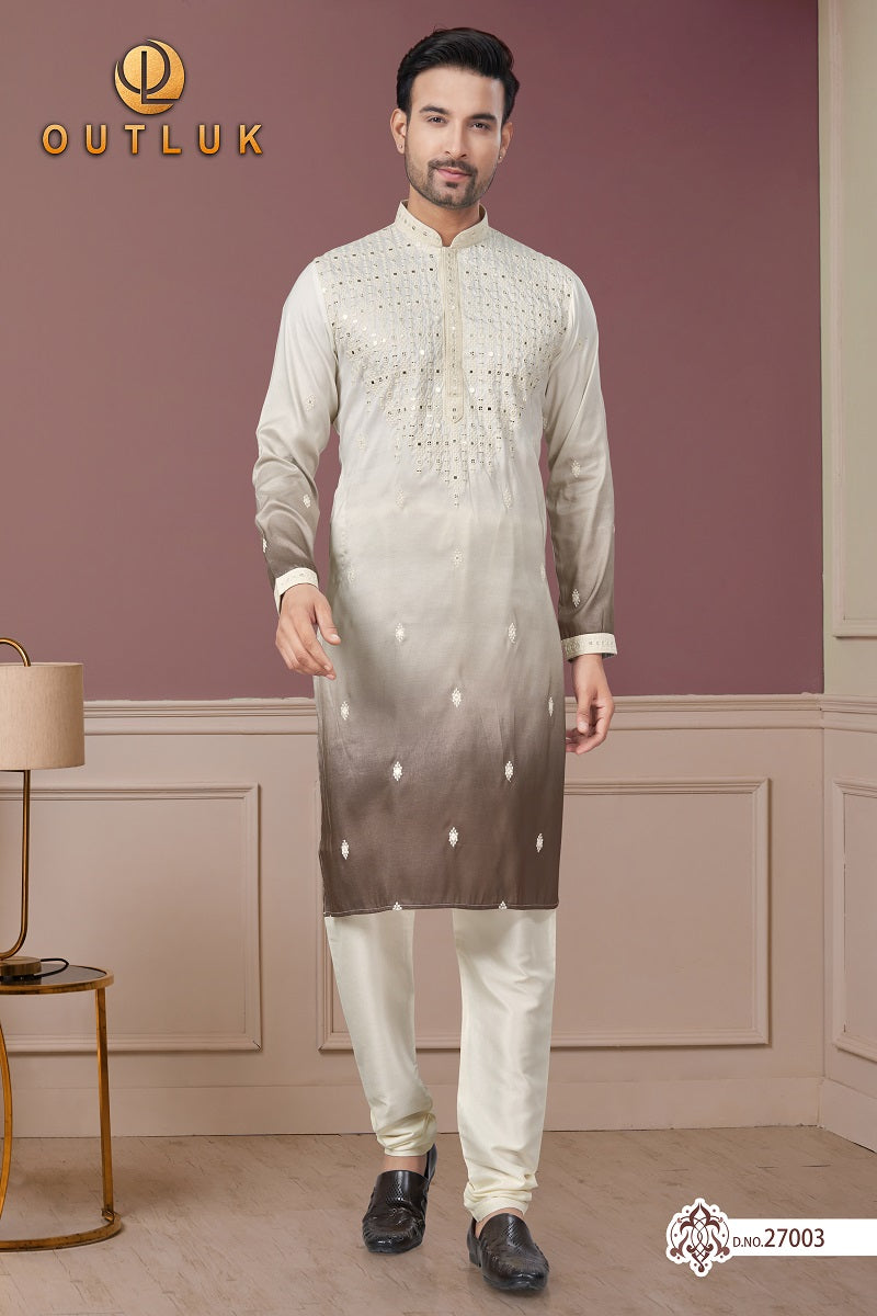 Cream with Coffee Pure Silk Mens Kurta Pajama 27003