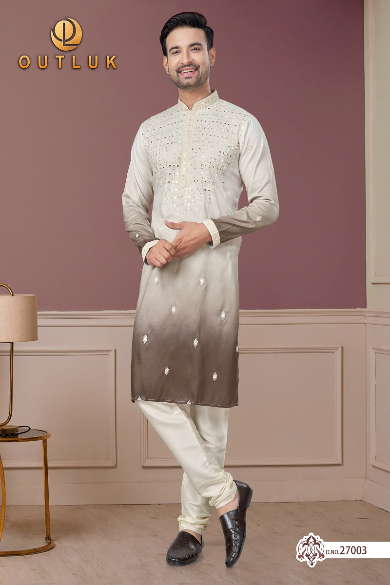 Cream with Coffee Pure Silk Mens Kurta Pajama 27003