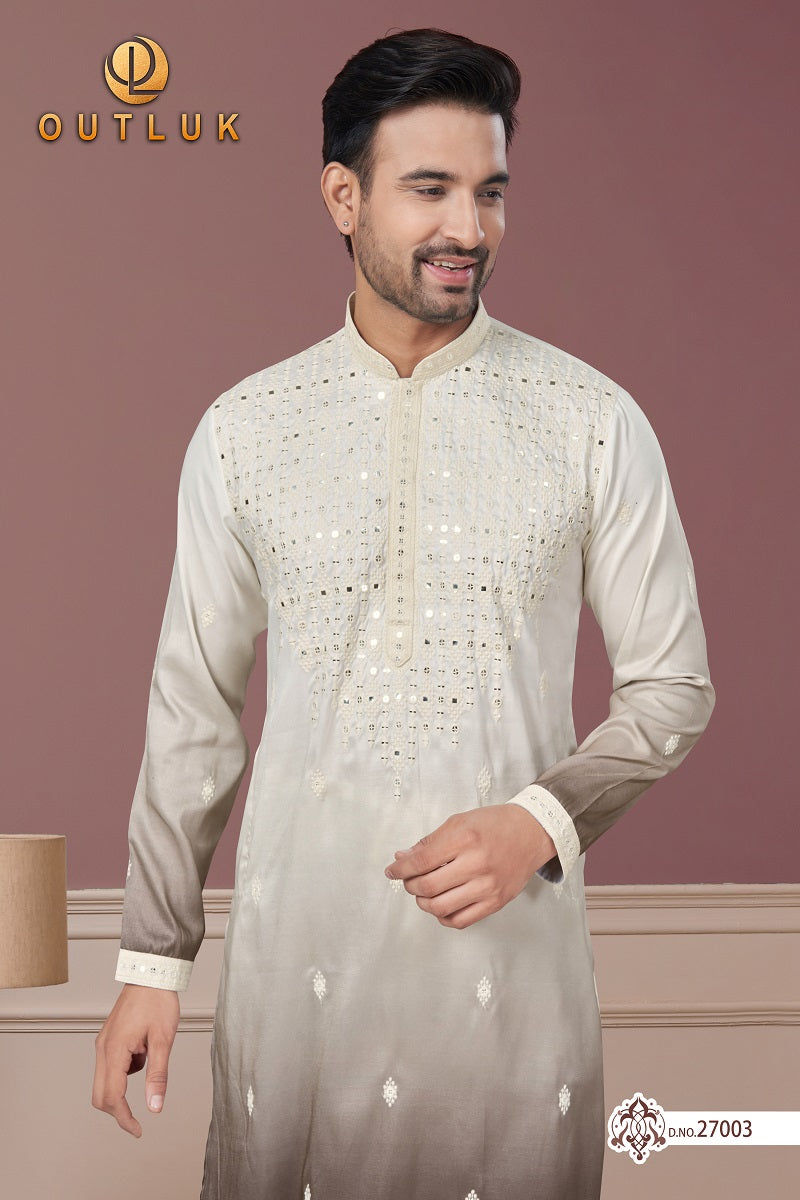 Cream with Coffee Pure Silk Mens Kurta Pajama 27003