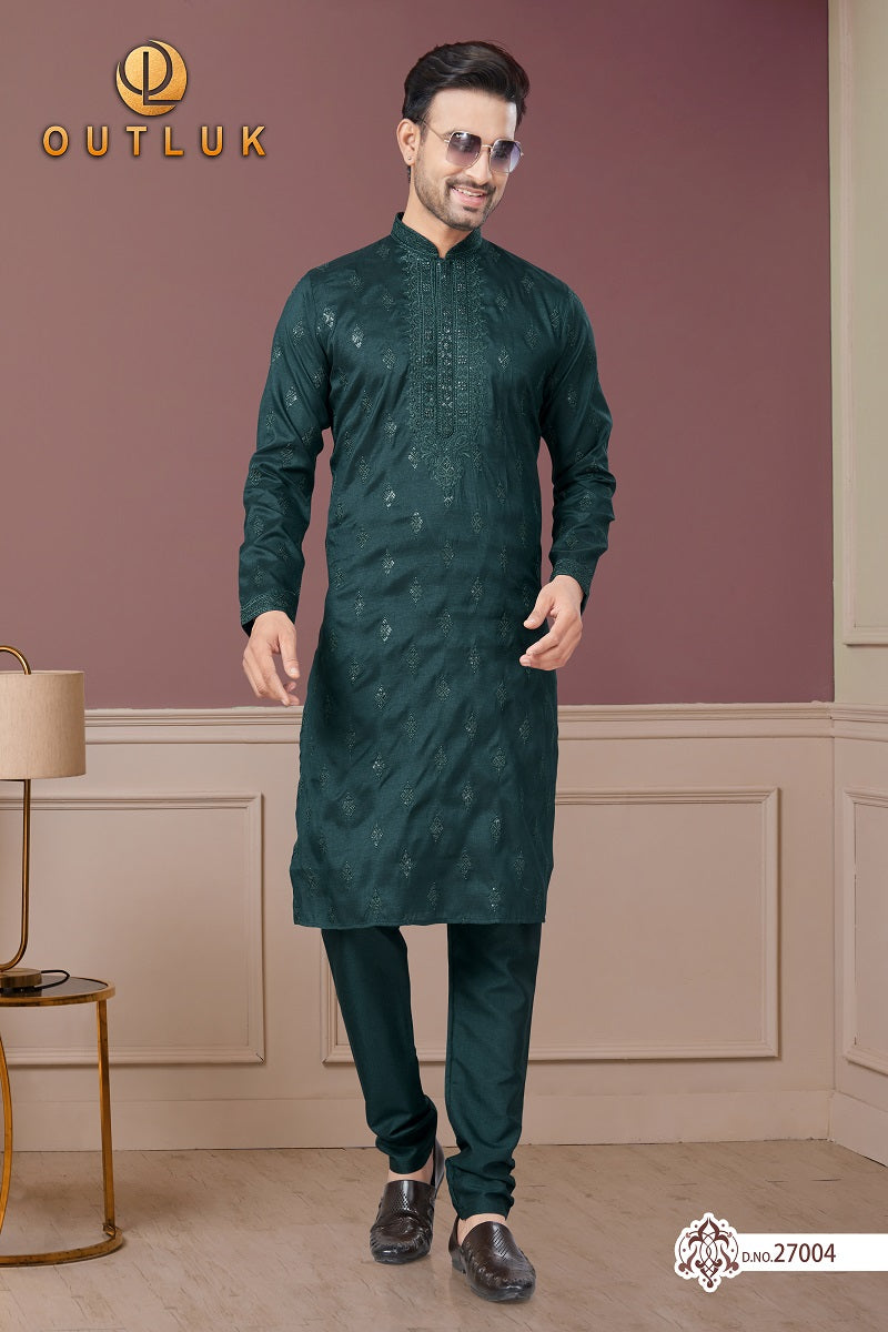 Green Pure Silk Mens Kurta Pajama 27004