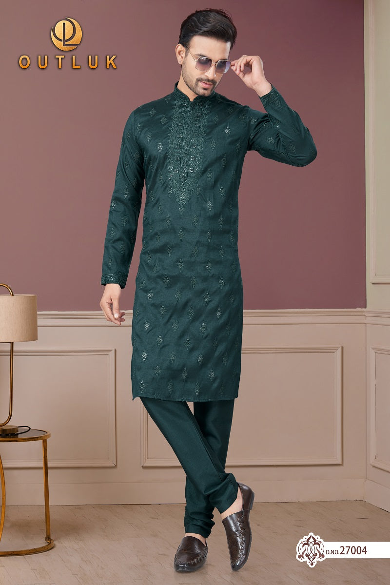 Green Pure Silk Mens Kurta Pajama 27004