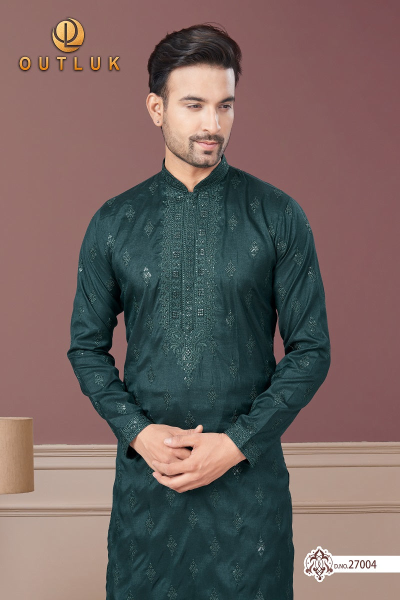 Green Pure Silk Mens Kurta Pajama 27004