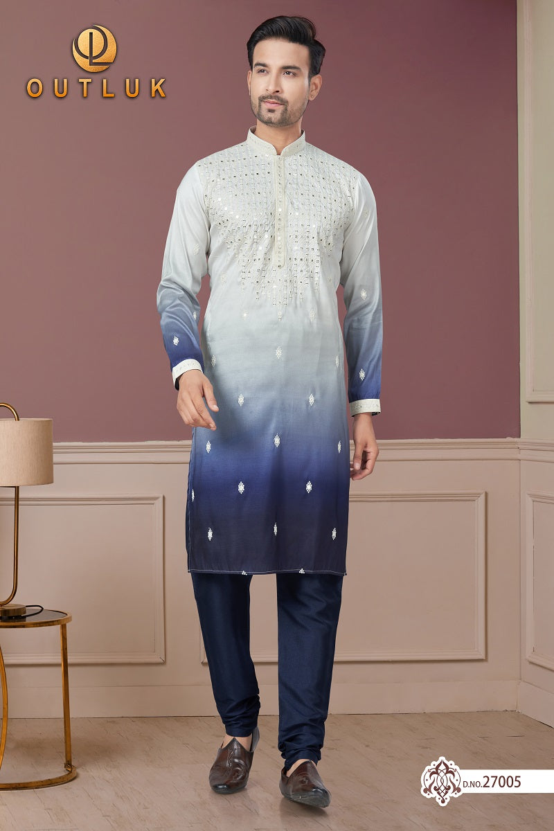 White with Blue Pure Silk Mens Kurta Pajama 27005