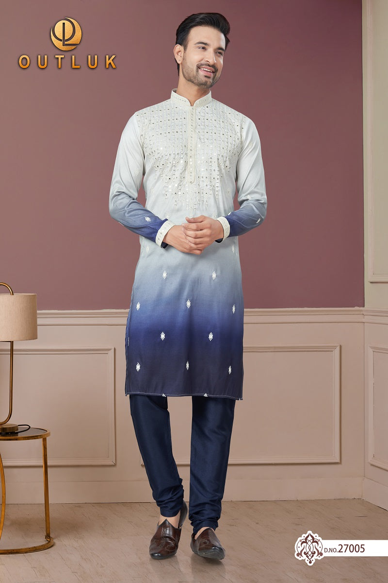 White with Blue Pure Silk Mens Kurta Pajama 27005