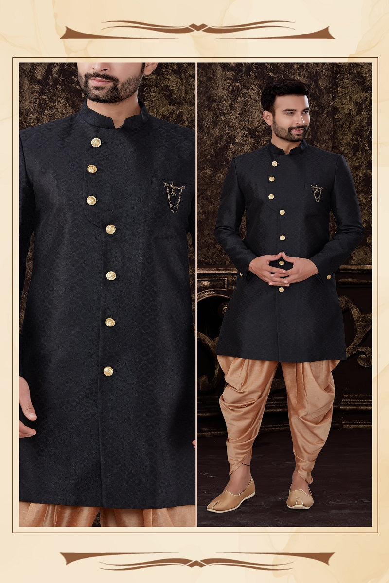 Black Jacquard Silk Mens Indo Western 27006