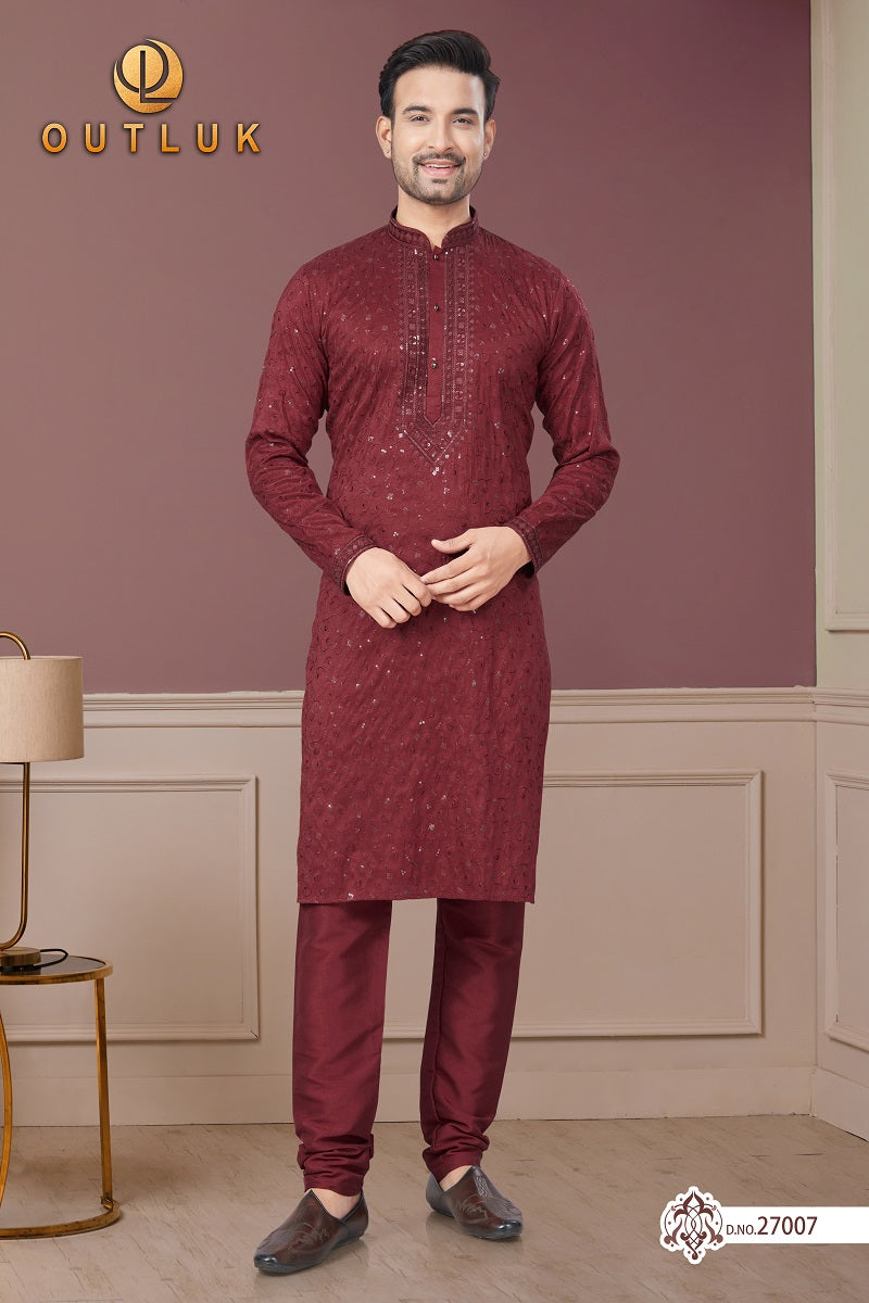 Dark Maroon Pure Silk Mens Kurta Pajama 27007