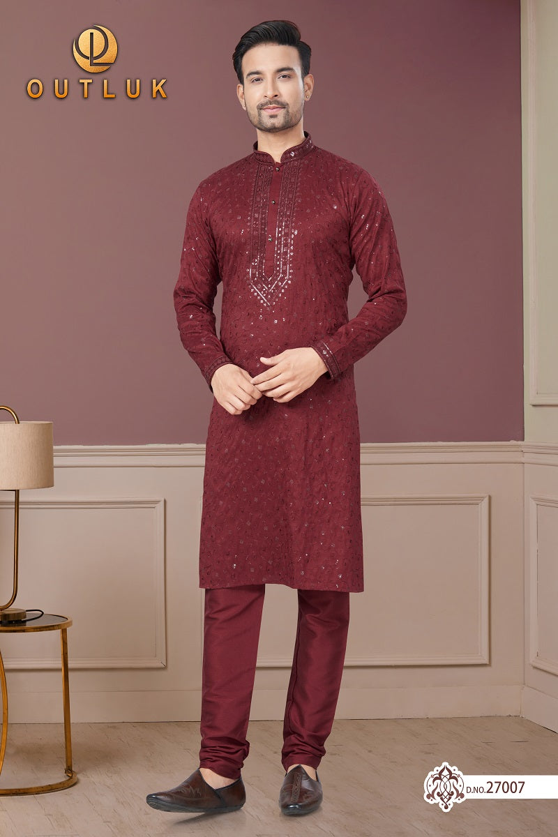 Dark Maroon Pure Silk Mens Kurta Pajama 27007