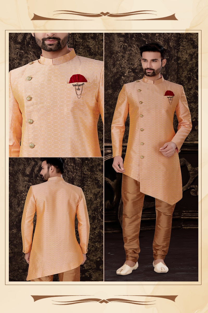 Peach Jacquard Silk Mens Indo Western 27007