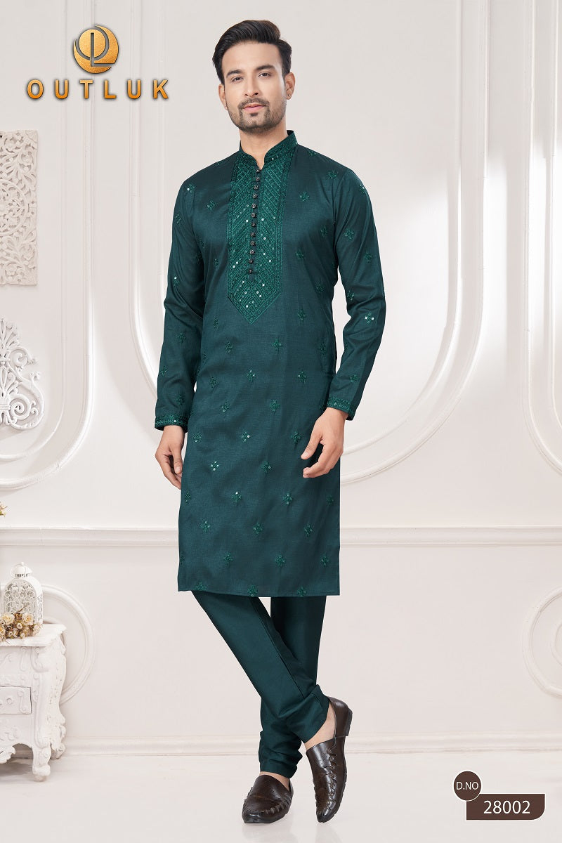 Green Pure Silk Mens Kurta Pajama 28002