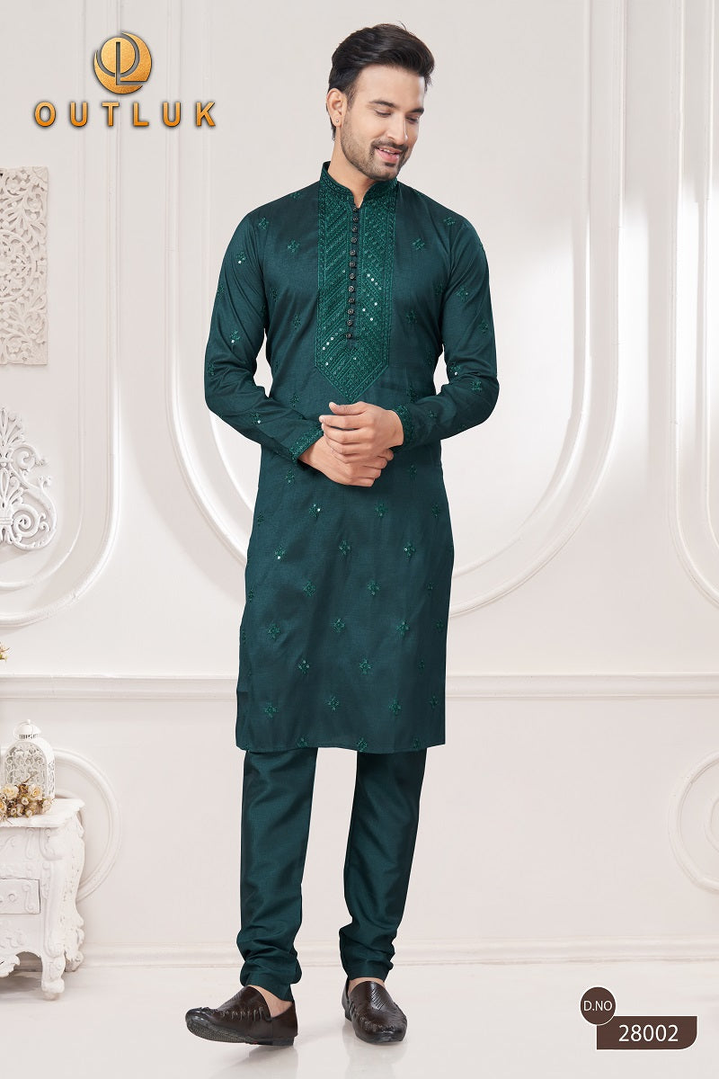 Green Pure Silk Mens Kurta Pajama 28002