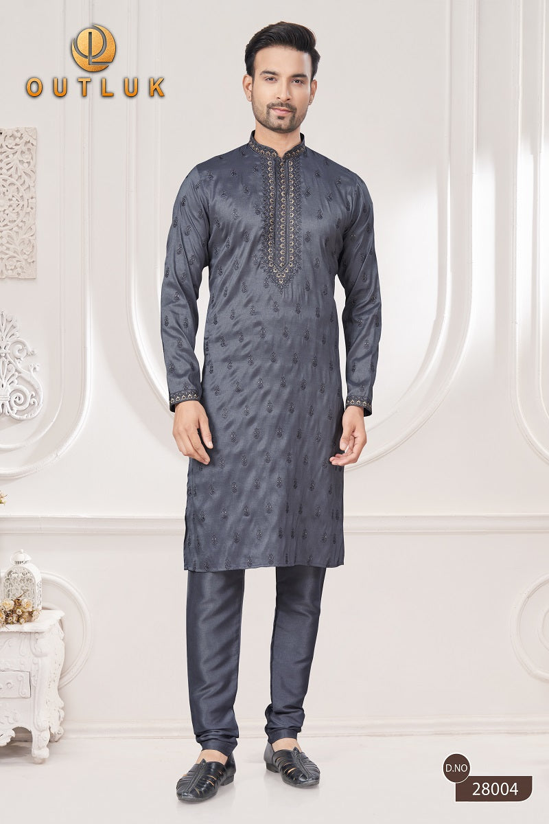 Grey Pure Silk Mens Kurta Pajama 28004