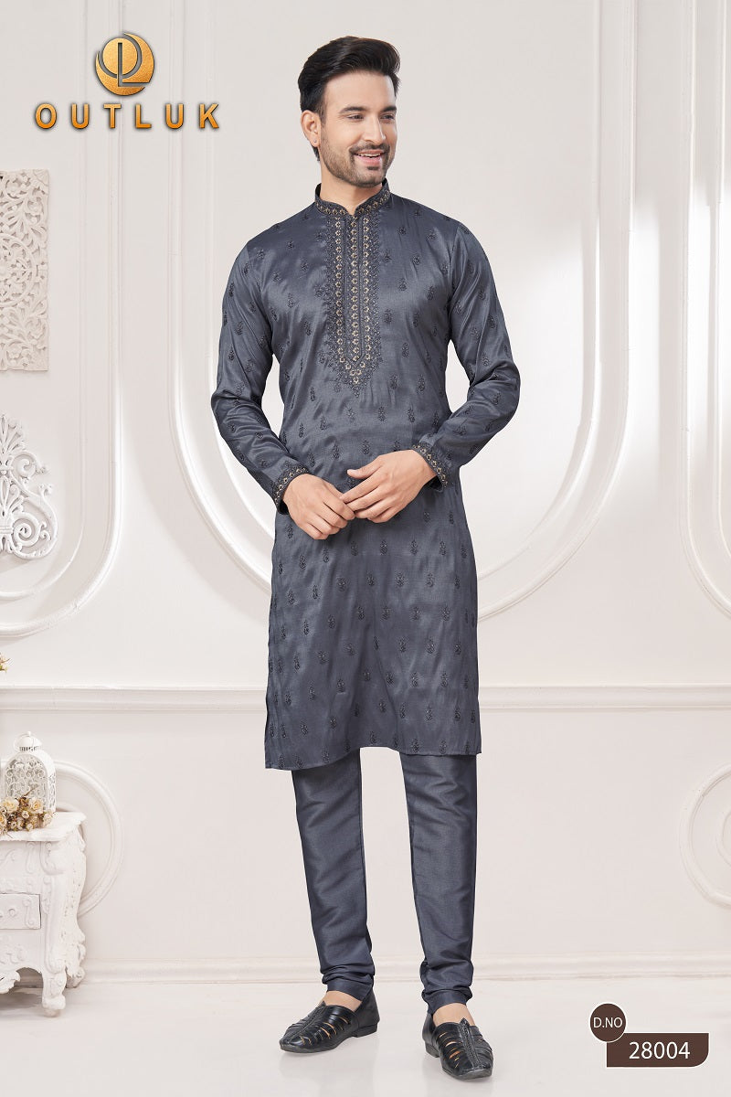 Grey Pure Silk Mens Kurta Pajama 28004