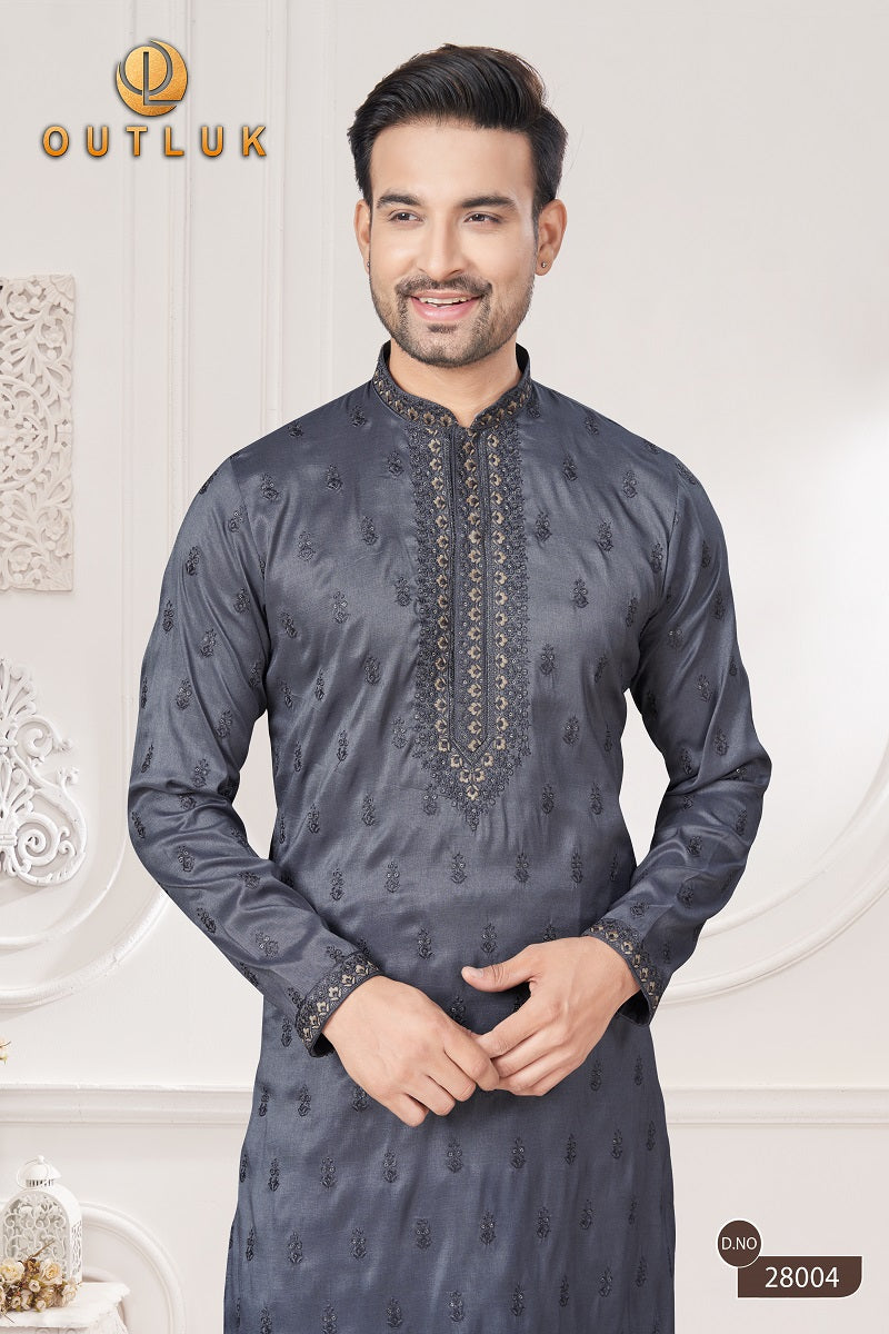 Grey Pure Silk Mens Kurta Pajama 28004