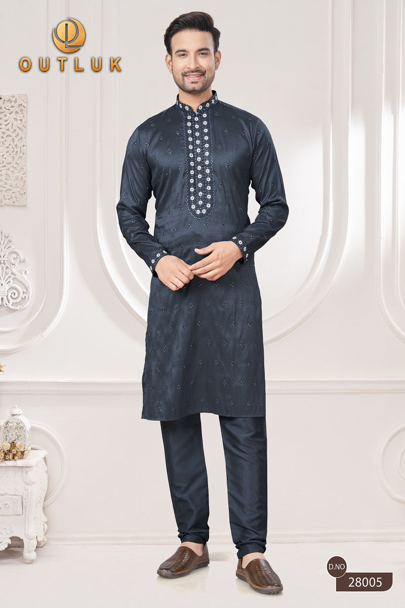 Black Pure Silk Mens Kurta Pajama 28005