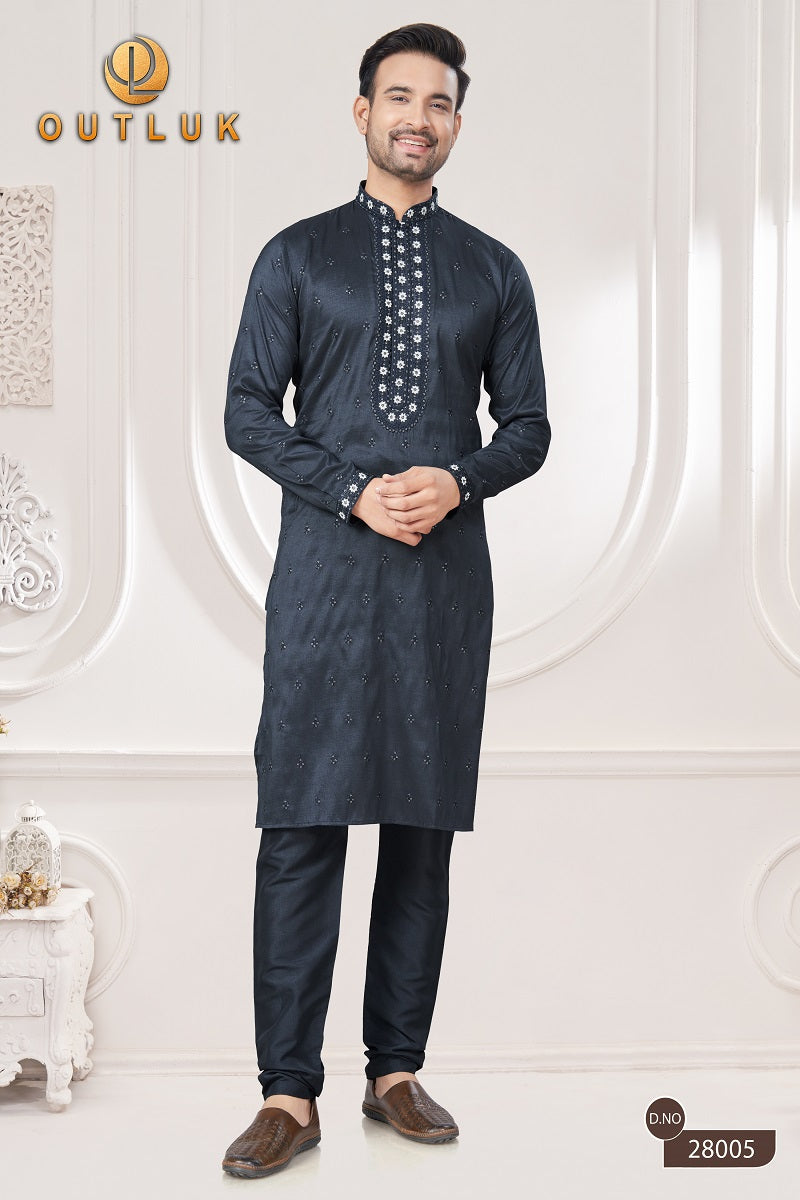 Black Pure Silk Mens Kurta Pajama 28005