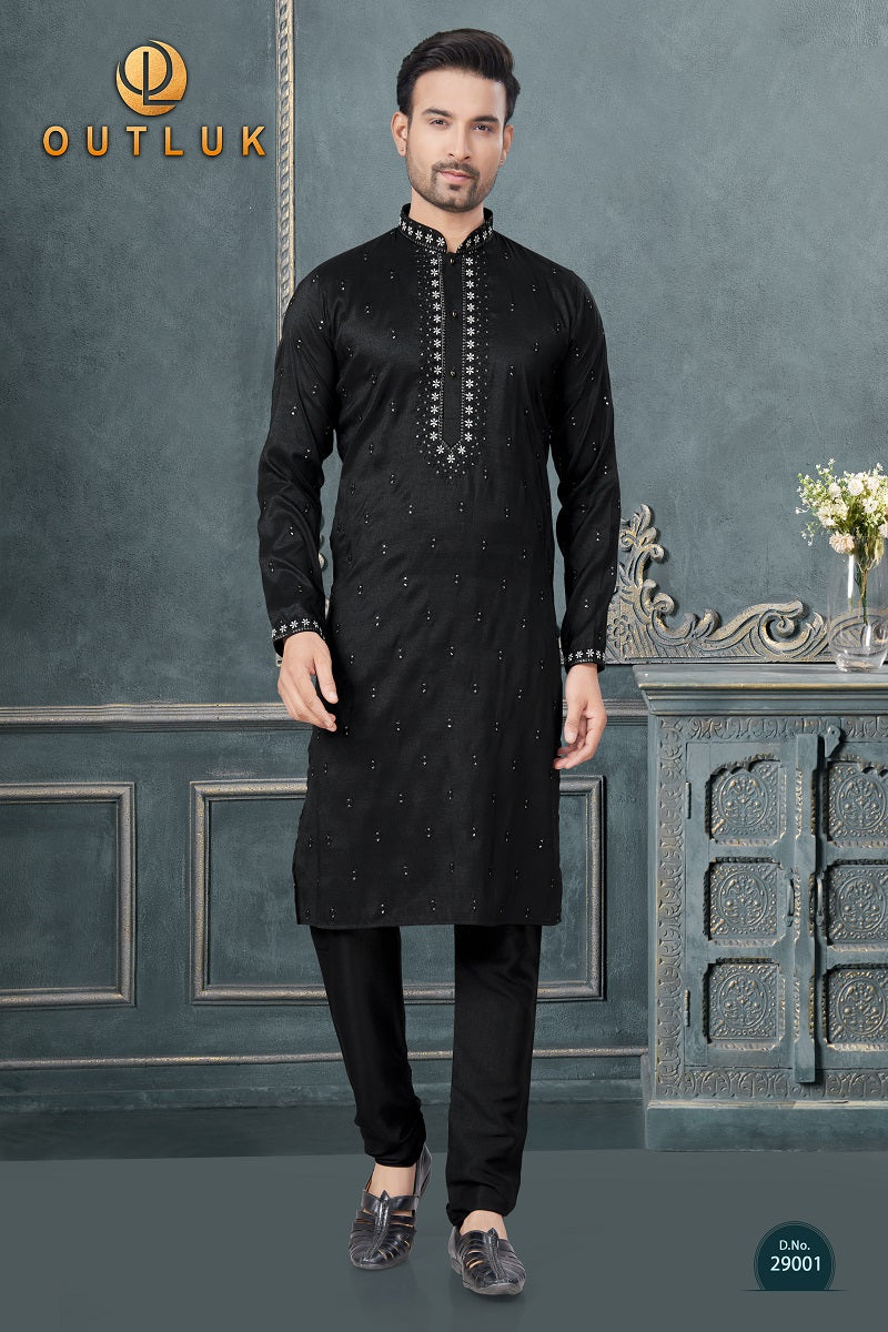 Black Silk Mens Kurta Pajama 29001